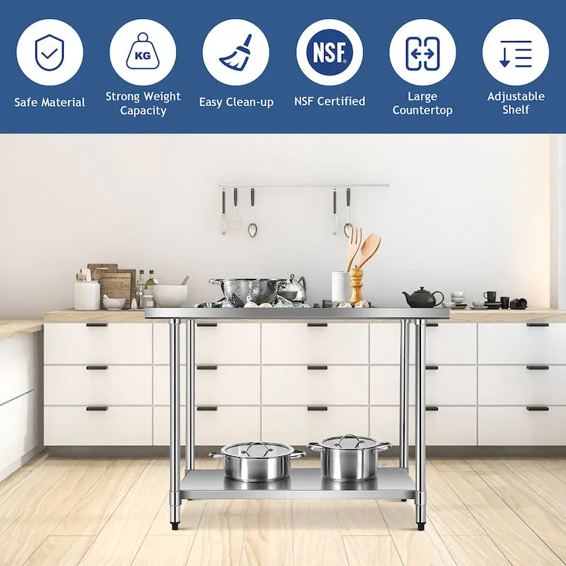 Table de préparation et de travail professionnelle en acier inoxydable avec étagère réglable