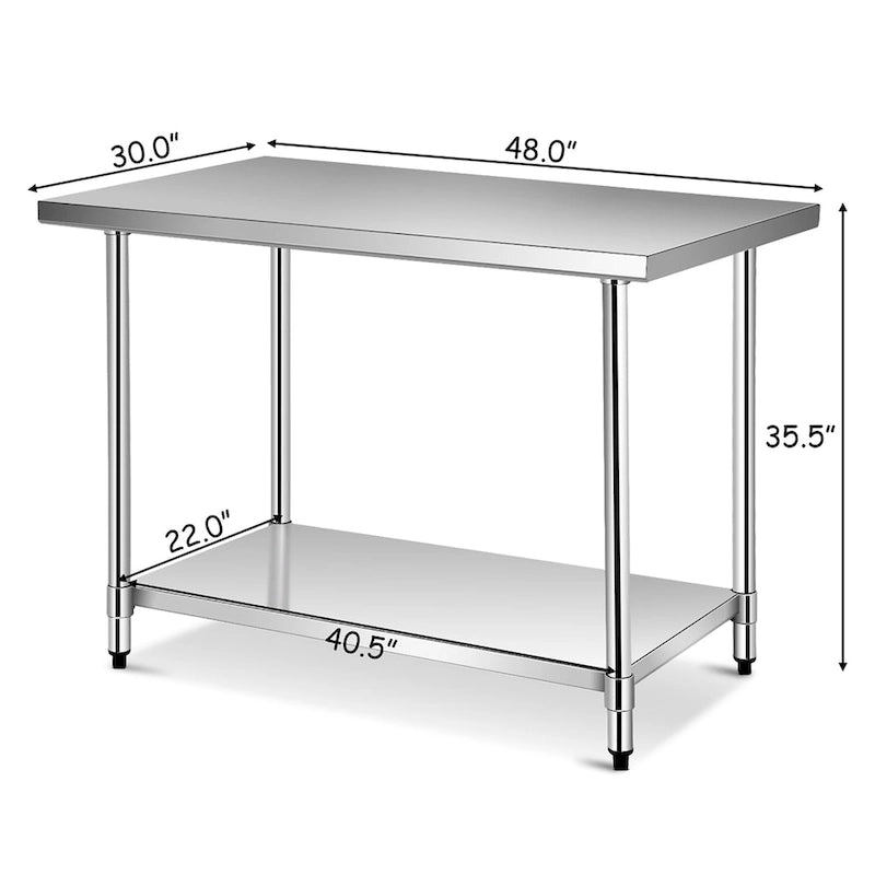 Table de préparation et de travail professionnelle en acier inoxydable avec étagère réglable