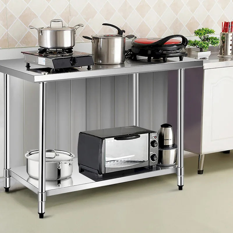 Table de préparation et de travail professionnelle en acier inoxydable avec étagère réglable