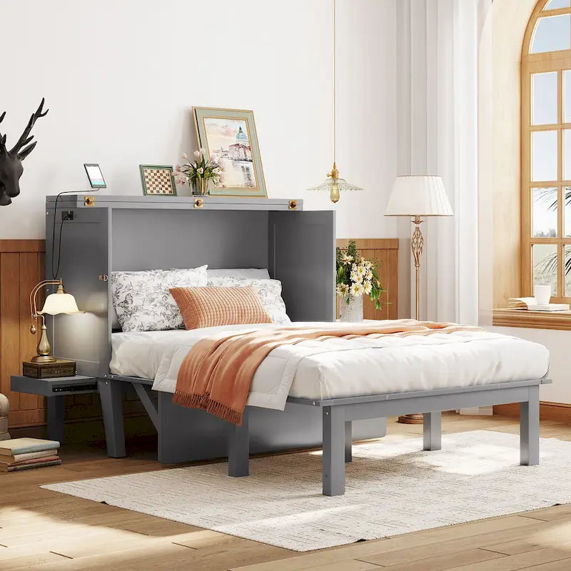 Lit escamotable format double avec bureau et port USB