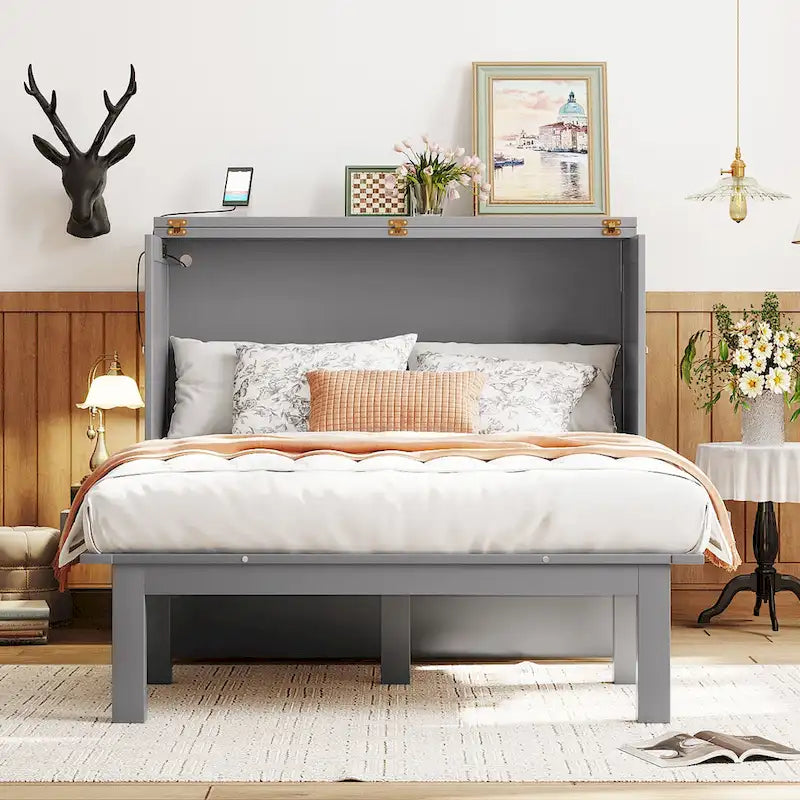Lit escamotable format double avec bureau et port USB