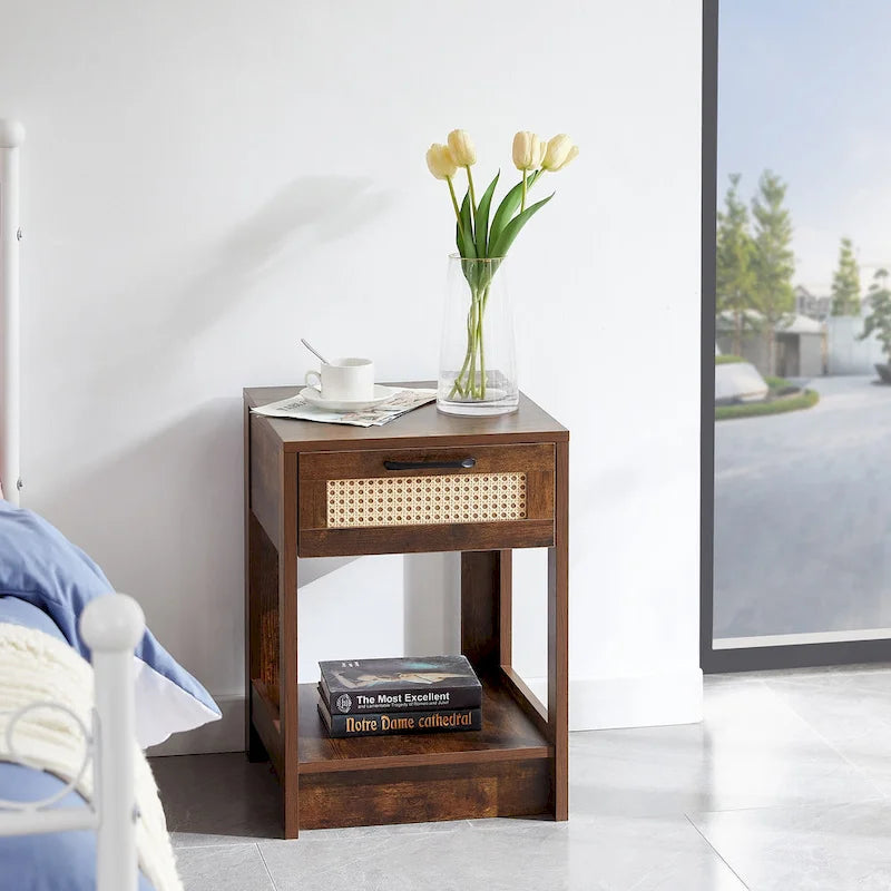 Table d'appoint en rotin de 15,75 po avec tiroir, table de chevet moderne, bout de canapé pour salon, chambre à coucher, naturelle