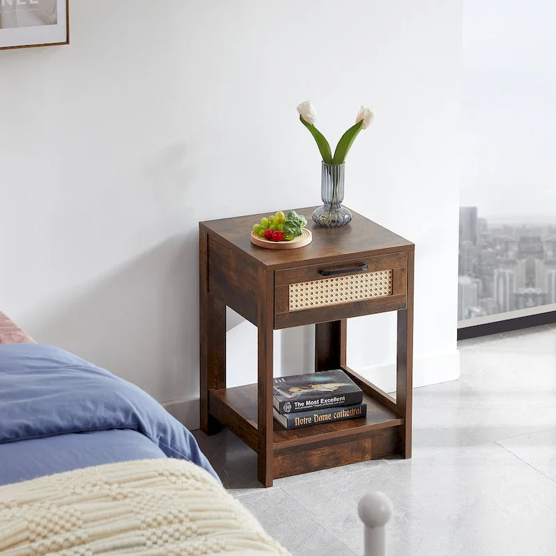Table d'appoint en rotin de 15,75 po avec tiroir, table de chevet moderne, bout de canapé pour salon, chambre à coucher, naturelle