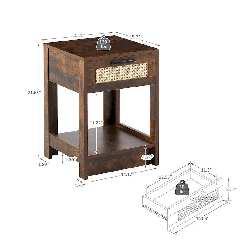 Table d'appoint en rotin de 15,75 po avec tiroir, table de chevet moderne, bout de canapé pour salon, chambre à coucher, naturelle