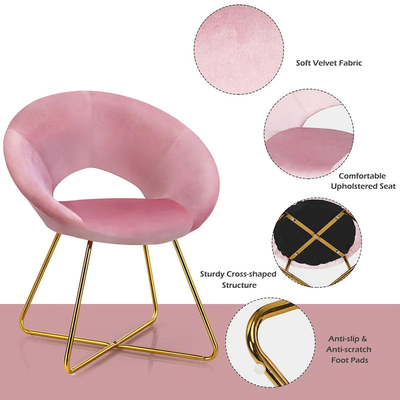 Chaise d'appoint moderne en velours, chaise de coiffeuse rembourrée avec détails dorés - Voir les détails