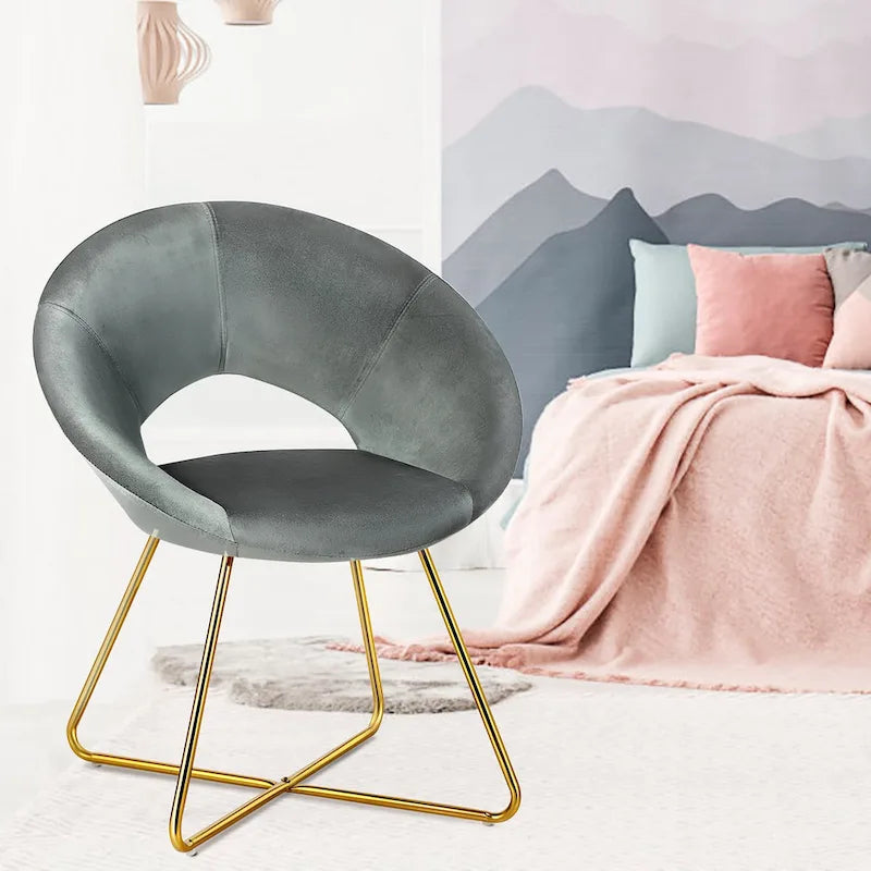 Chaise d'appoint moderne en velours, chaise de coiffeuse rembourrée avec détails dorés - Voir les détails