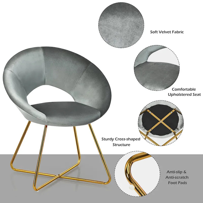 Chaise d'appoint moderne en velours, chaise de coiffeuse rembourrée avec détails dorés - Voir les détails