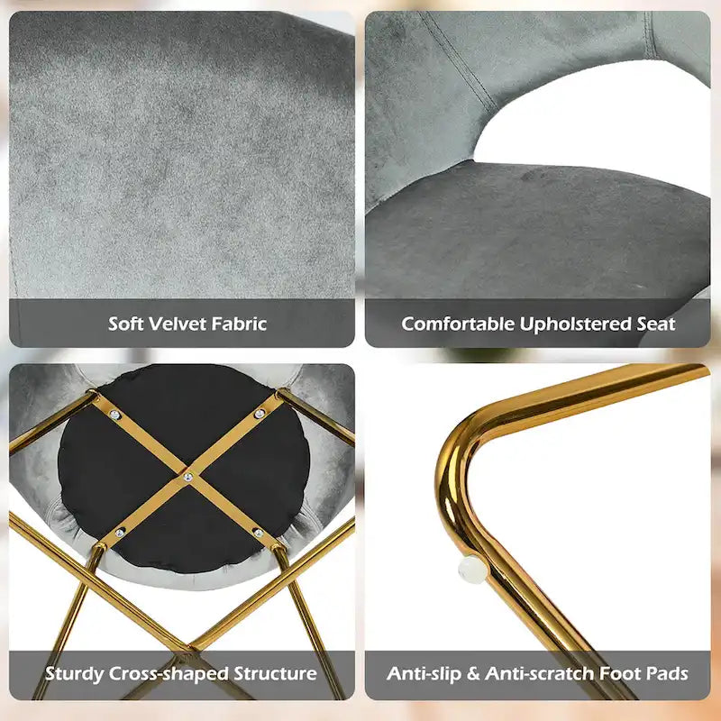 Chaise d'appoint moderne en velours, chaise de coiffeuse rembourrée avec détails dorés - Voir les détails