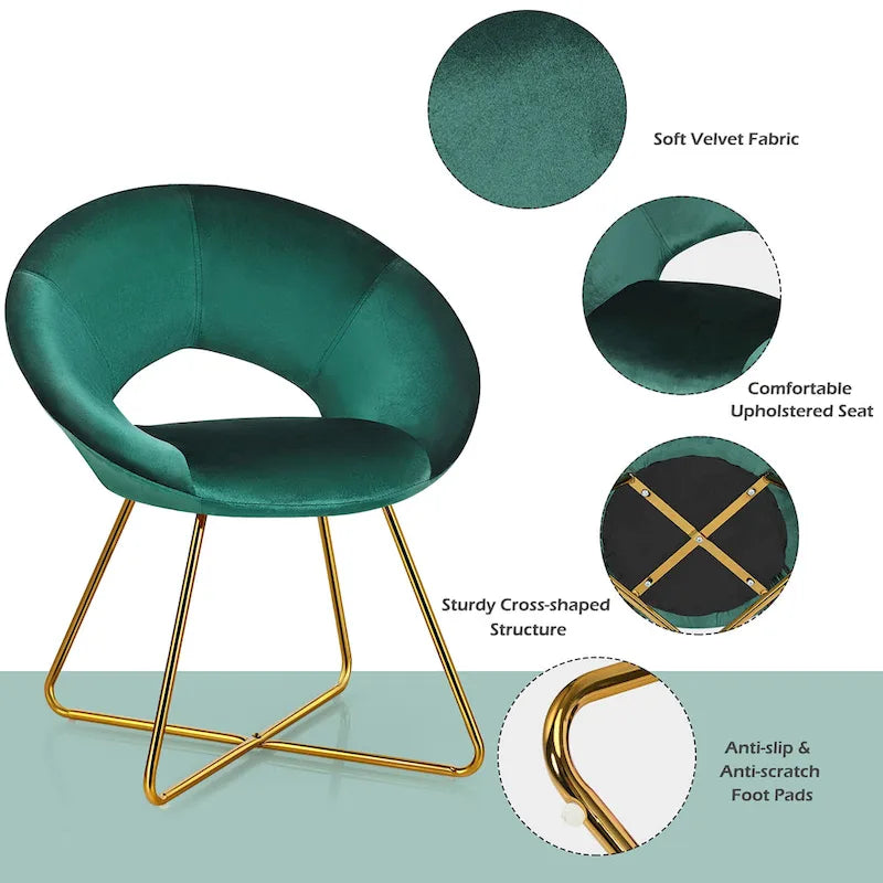 Chaise d'appoint moderne en velours, chaise de coiffeuse rembourrée avec détails dorés - Voir les détails