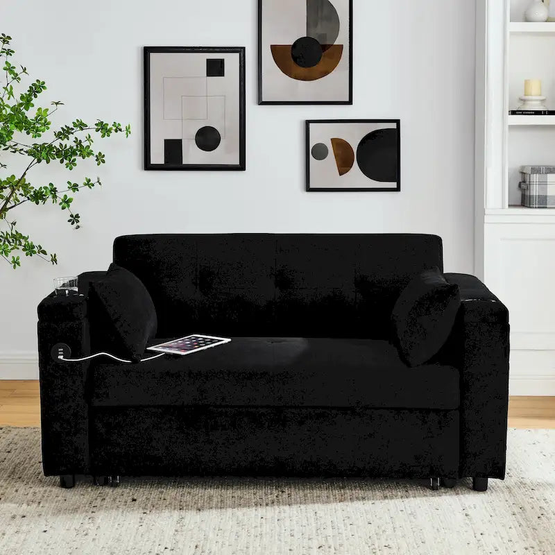 Canapé-lit 2 places avec prise USB, poches latérales et coussin lombaire