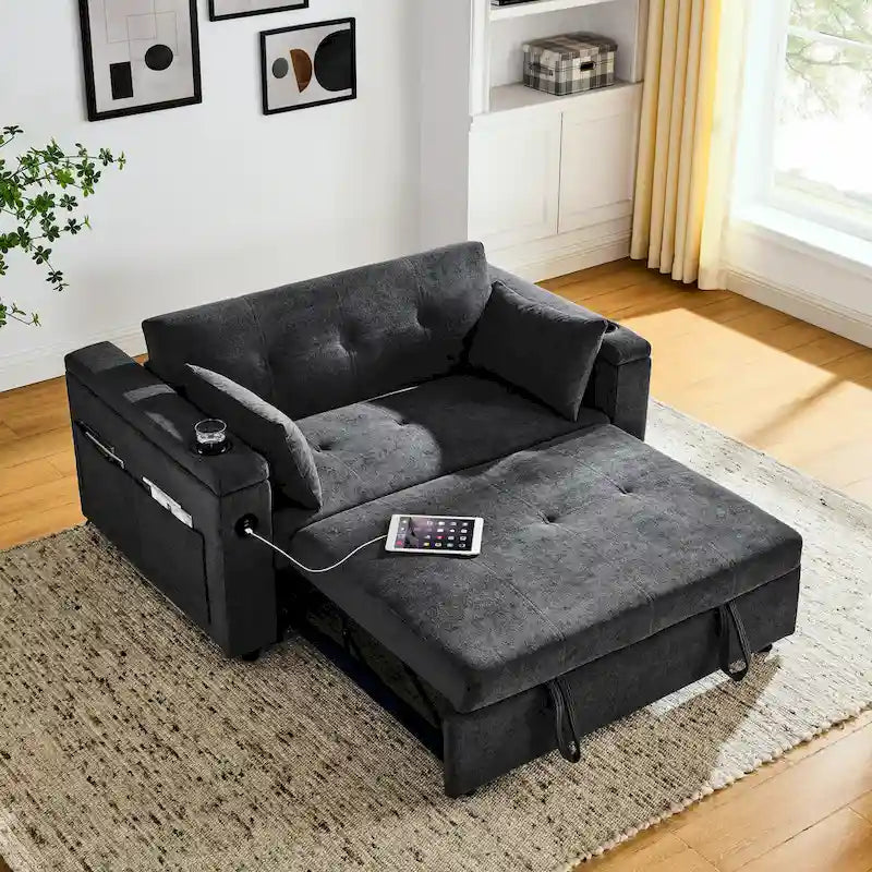Canapé-lit 2 places avec prise USB, poches latérales et coussin lombaire