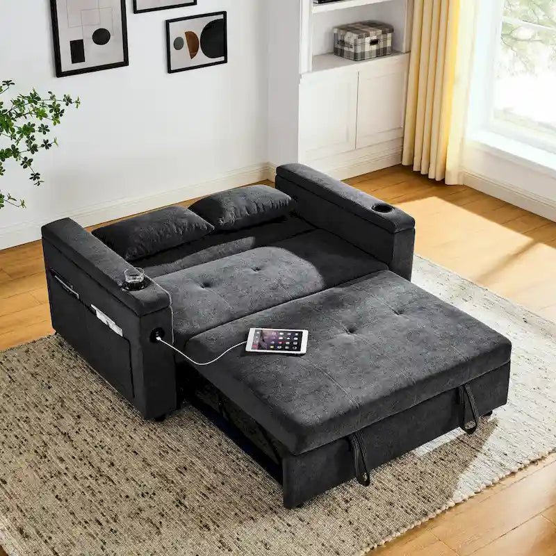Canapé-lit 2 places avec prise USB, poches latérales et coussin lombaire
