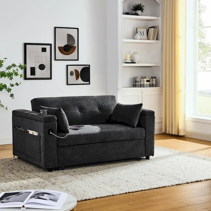 Canapé-lit 2 places avec prise USB, poches latérales et coussin lombaire