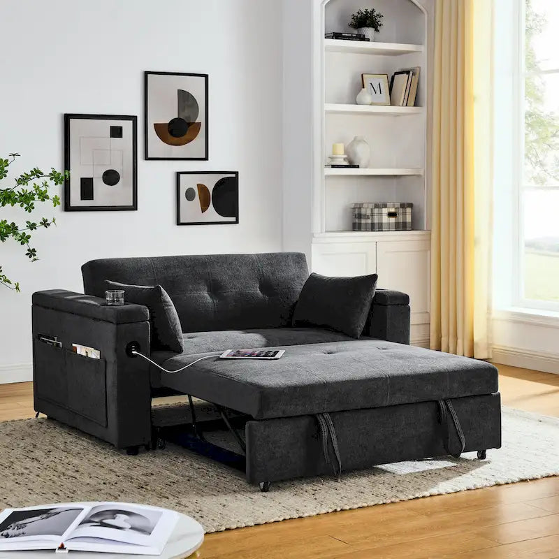 Canapé-lit 2 places avec prise USB, poches latérales et coussin lombaire