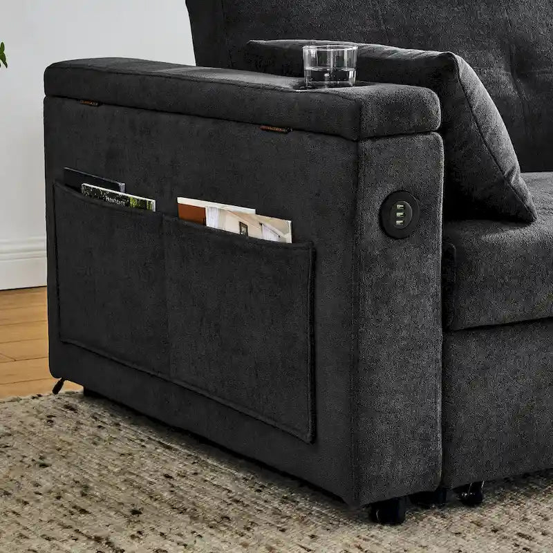 Canapé-lit 2 places avec prise USB, poches latérales et coussin lombaire
