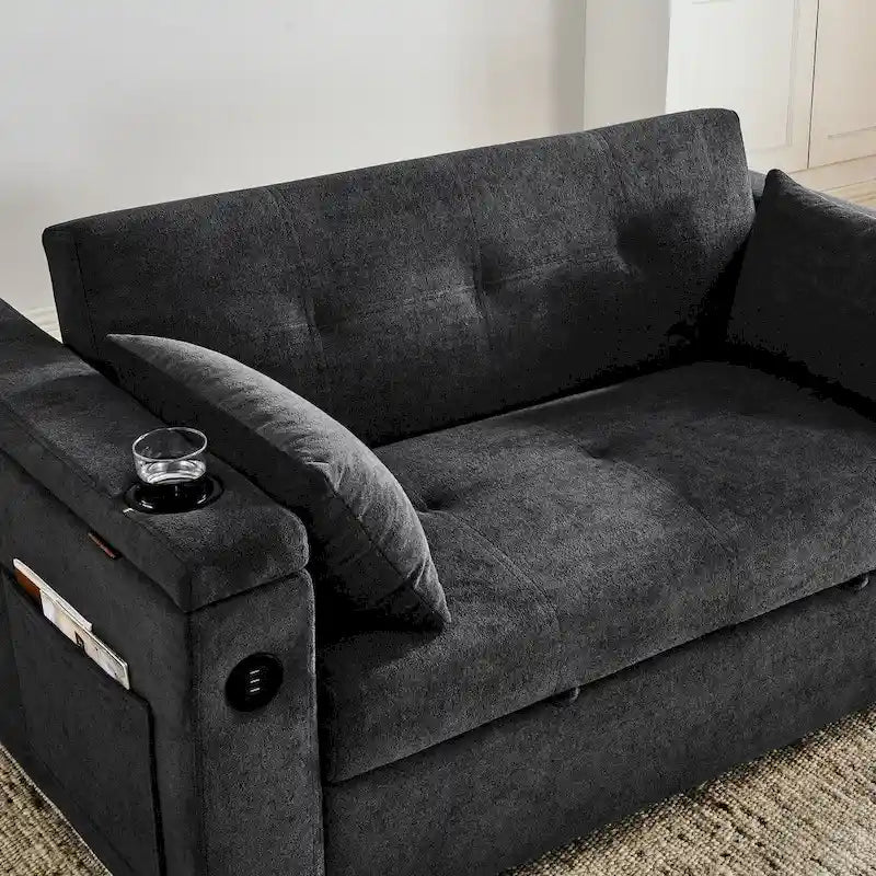 Canapé-lit 2 places avec prise USB, poches latérales et coussin lombaire