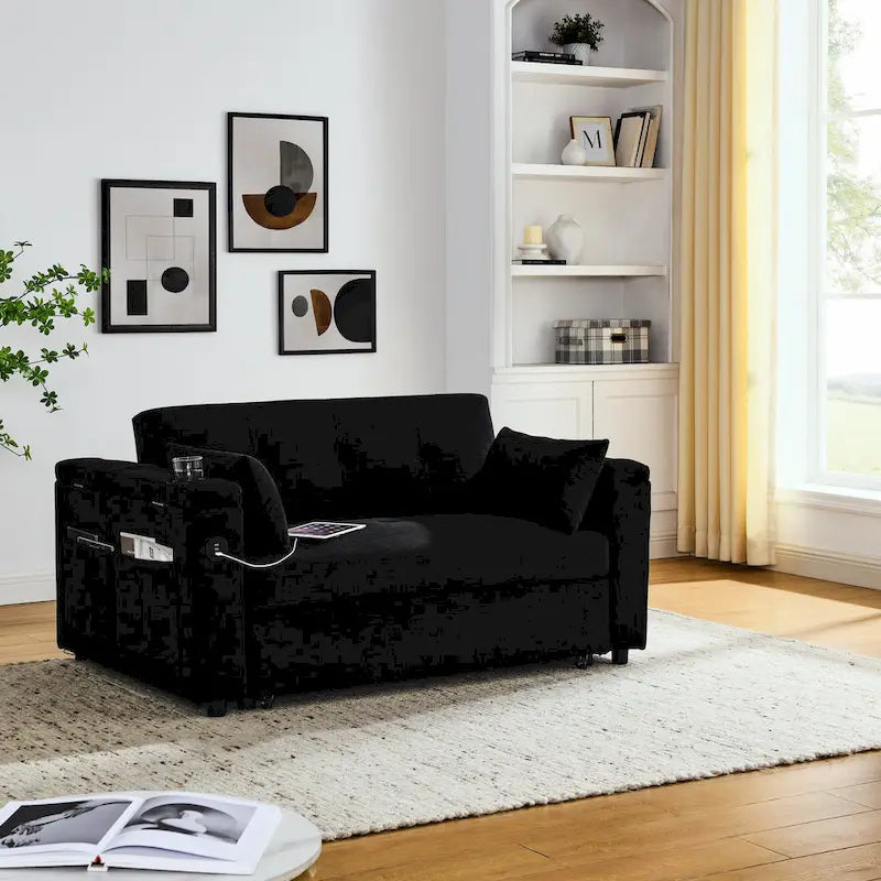 Canapé-lit 2 places avec prise USB, poches latérales et coussin lombaire