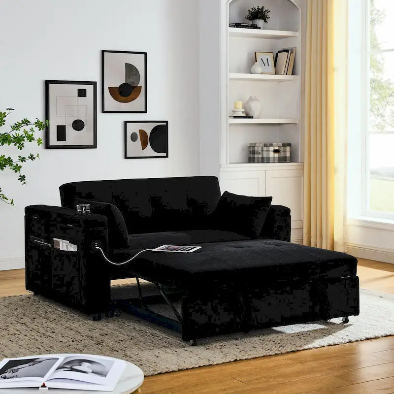 Canapé-lit 2 places avec prise USB, poches latérales et coussin lombaire