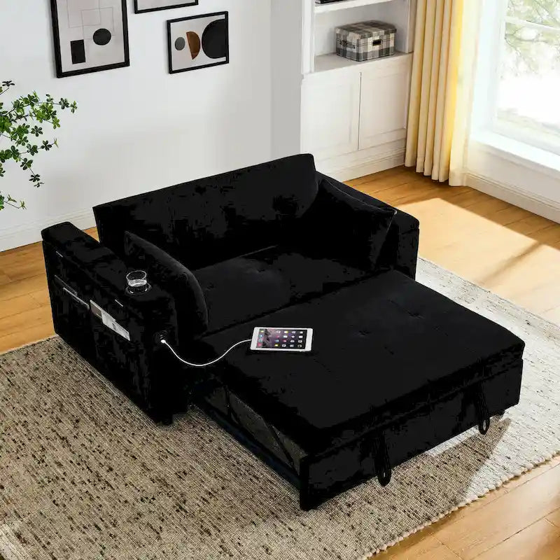 Canapé-lit 2 places avec prise USB, poches latérales et coussin lombaire