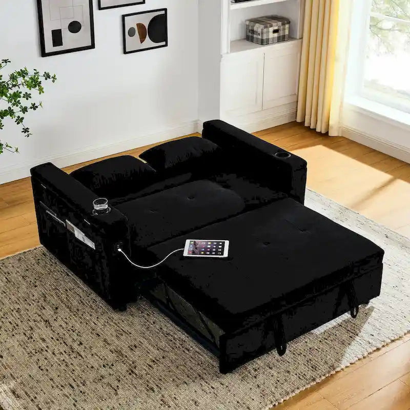 Canapé-lit 2 places avec prise USB, poches latérales et coussin lombaire