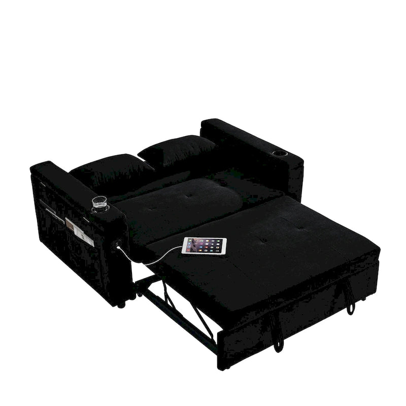 Canapé-lit 2 places avec prise USB, poches latérales et coussin lombaire