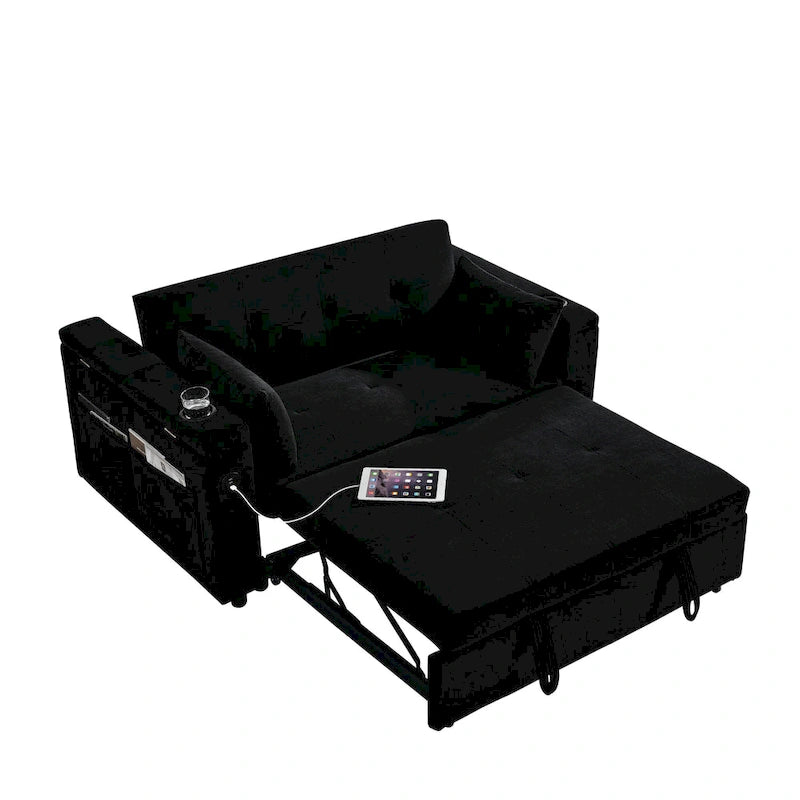 Canapé-lit 2 places avec prise USB, poches latérales et coussin lombaire