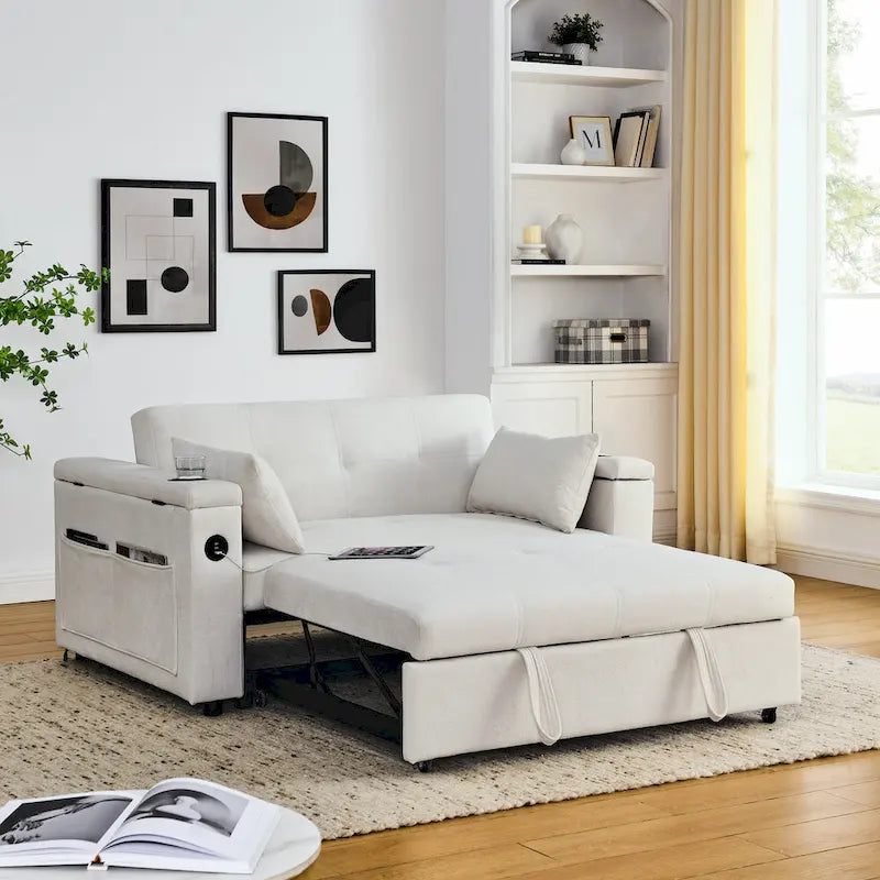 Canapé-lit 2 places avec prise USB, poches latérales et coussin lombaire