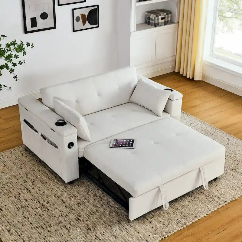 Canapé-lit 2 places avec prise USB, poches latérales et coussin lombaire