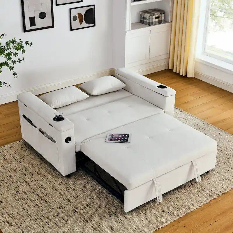 Canapé-lit 2 places avec prise USB, poches latérales et coussin lombaire