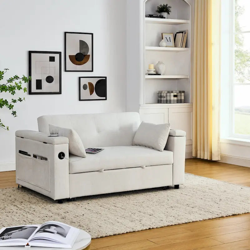 Canapé-lit 2 places avec prise USB, poches latérales et coussin lombaire