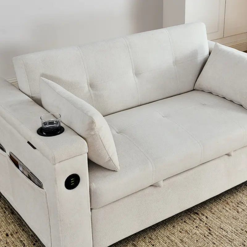 Canapé-lit 2 places avec prise USB, poches latérales et coussin lombaire