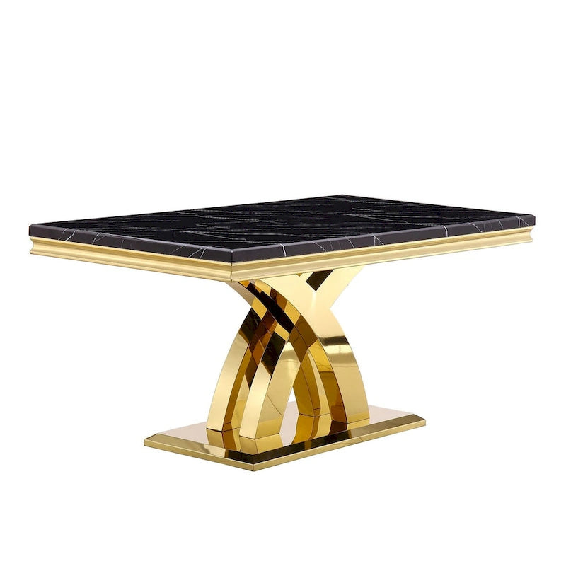 Table de salle à manger noire et dorée avec plateau de 65 pouces et piètement double X en acier inoxydable poli doré