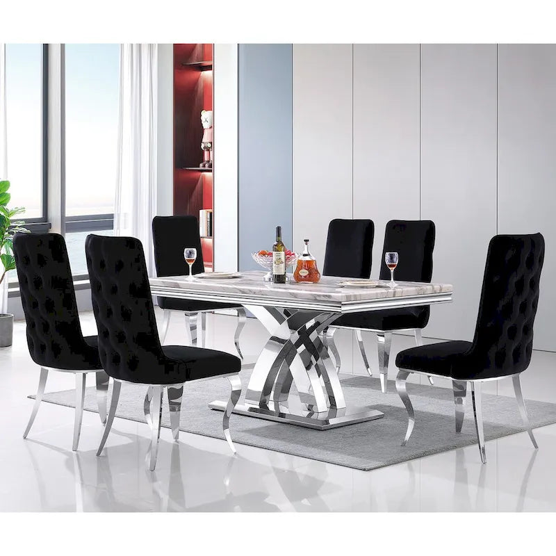 Table de salle à manger noire et dorée avec plateau de 65 pouces et piètement double X en acier inoxydable poli doré