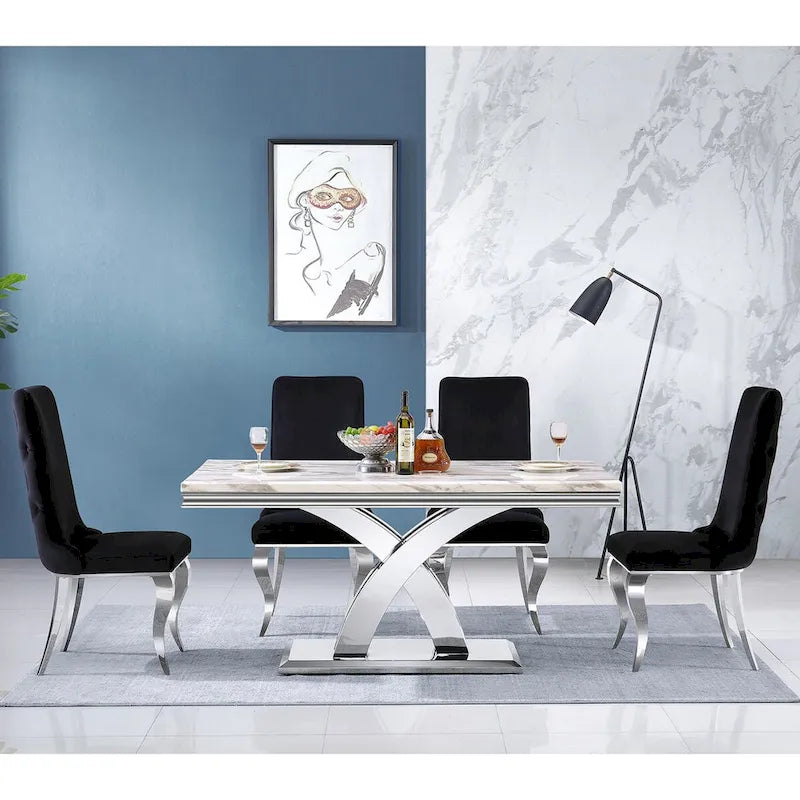 Table de salle à manger noire et dorée avec plateau de 65 pouces et piètement double X en acier inoxydable poli doré