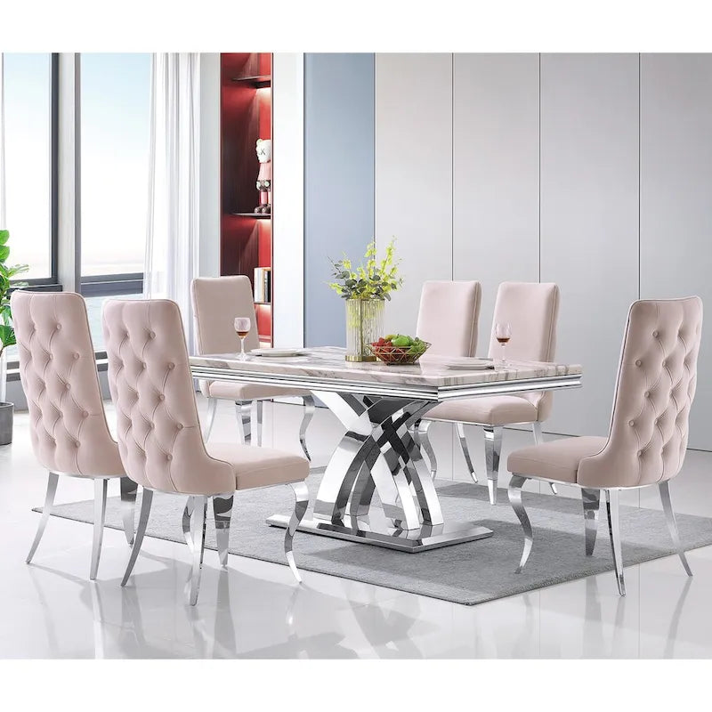 Table de salle à manger noire et dorée avec plateau de 65 pouces et piètement double X en acier inoxydable poli doré