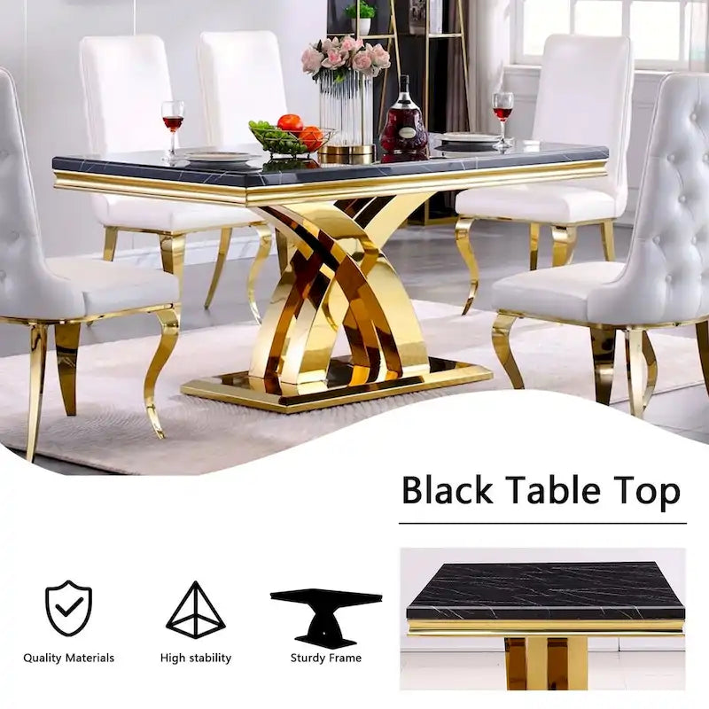 Table de salle à manger noire et dorée avec plateau de 65 pouces et piètement double X en acier inoxydable poli doré