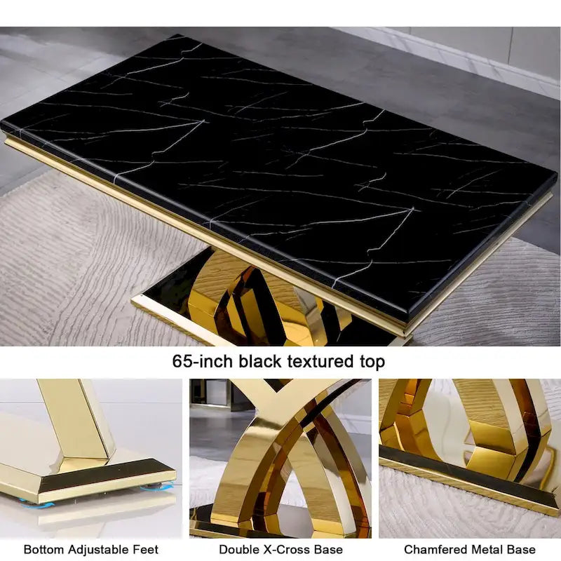 Table de salle à manger noire et dorée avec plateau de 65 pouces et piètement double X en acier inoxydable poli doré