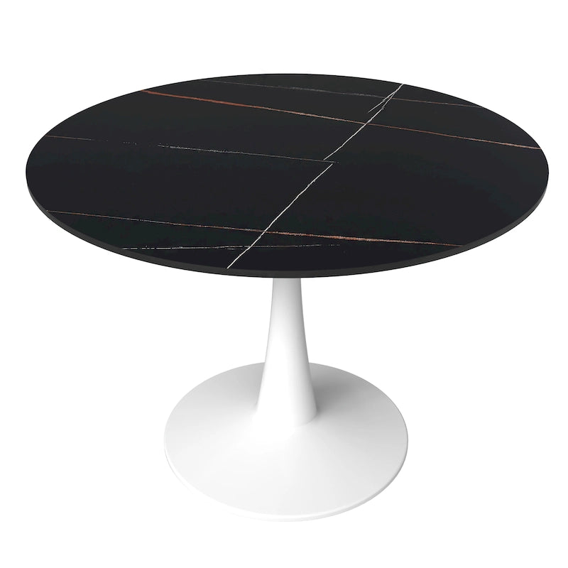 Table à manger ronde de 102 cm, 4 places, piètement blanc, plateau en pierre frittée, convient pour la cuisine et la salle à manger.