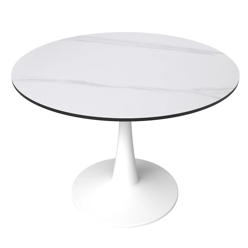 Table à manger ronde de 102 cm, 4 places, piètement blanc, plateau en pierre frittée, convient pour la cuisine et la salle à manger.
