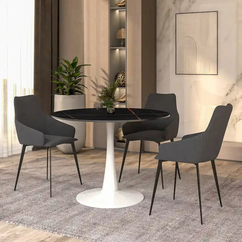 Table à manger ronde de 102 cm, 4 places, piètement blanc, plateau en pierre frittée, convient pour la cuisine et la salle à manger.