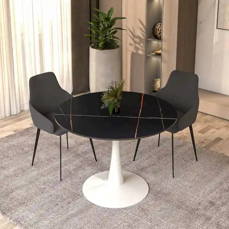 Table à manger ronde de 102 cm, 4 places, piètement blanc, plateau en pierre frittée, convient pour la cuisine et la salle à manger.