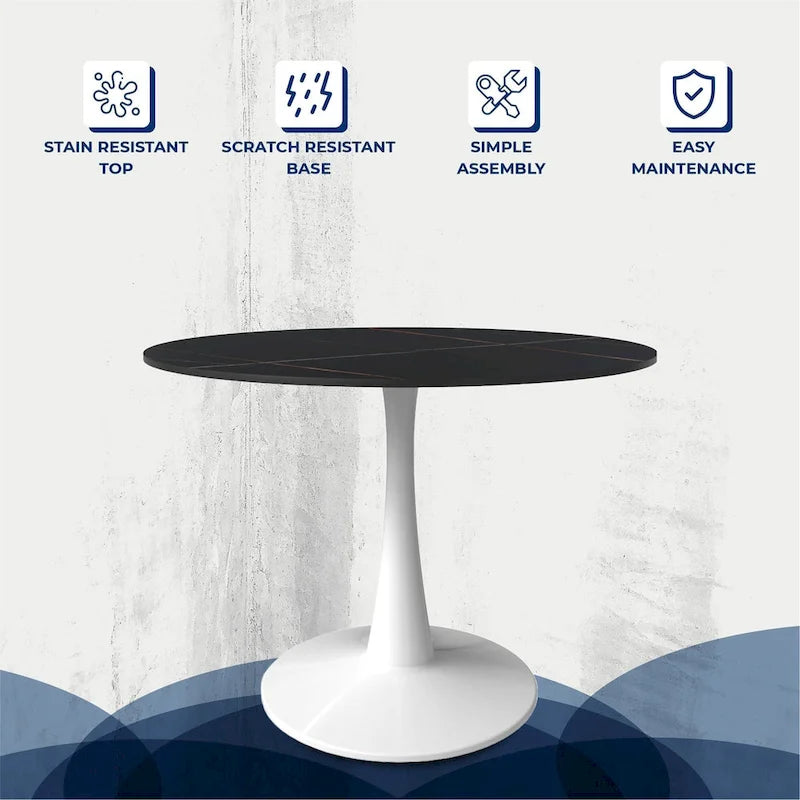 Table à manger ronde de 102 cm, 4 places, piètement blanc, plateau en pierre frittée, convient pour la cuisine et la salle à manger.