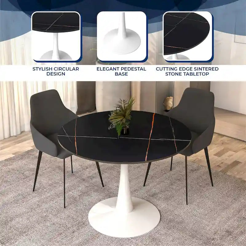 Table à manger ronde de 102 cm, 4 places, piètement blanc, plateau en pierre frittée, convient pour la cuisine et la salle à manger.