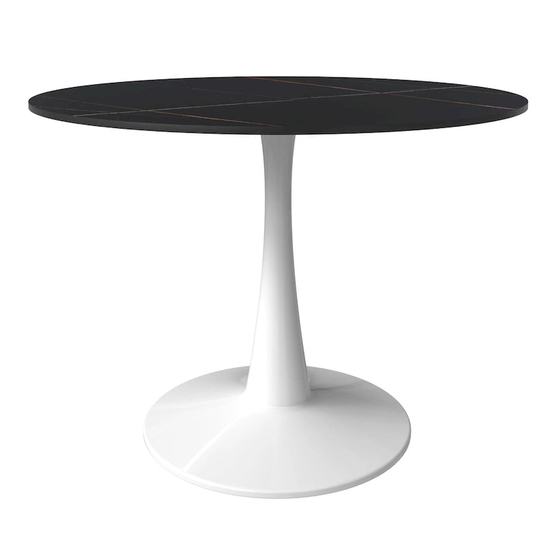 Table à manger ronde de 102 cm, 4 places, piètement blanc, plateau en pierre frittée, convient pour la cuisine et la salle à manger.