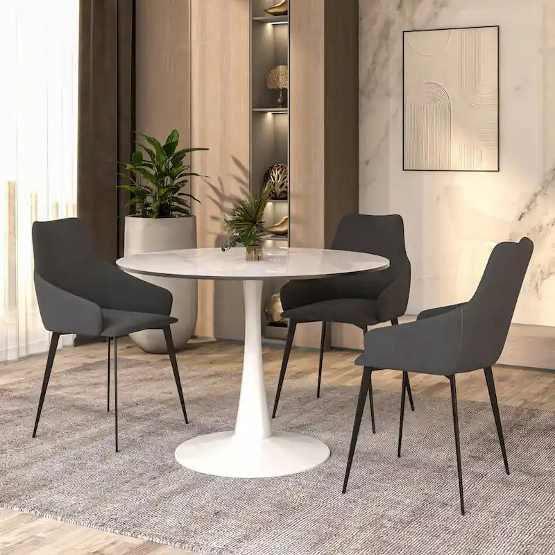 Table à manger ronde de 102 cm, 4 places, piètement blanc, plateau en pierre frittée, convient pour la cuisine et la salle à manger.