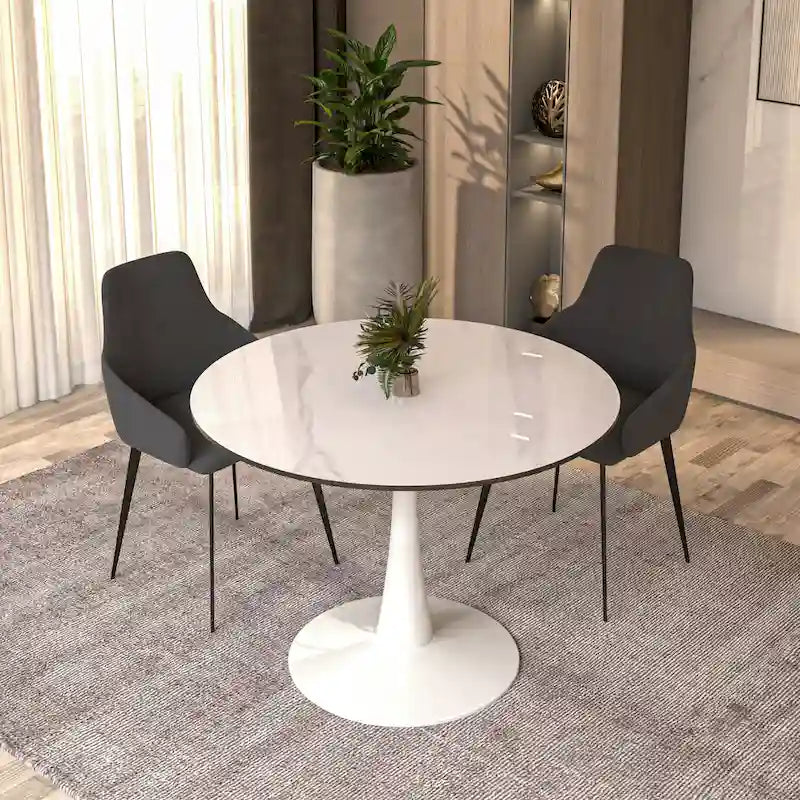 Table à manger ronde de 102 cm, 4 places, piètement blanc, plateau en pierre frittée, convient pour la cuisine et la salle à manger.
