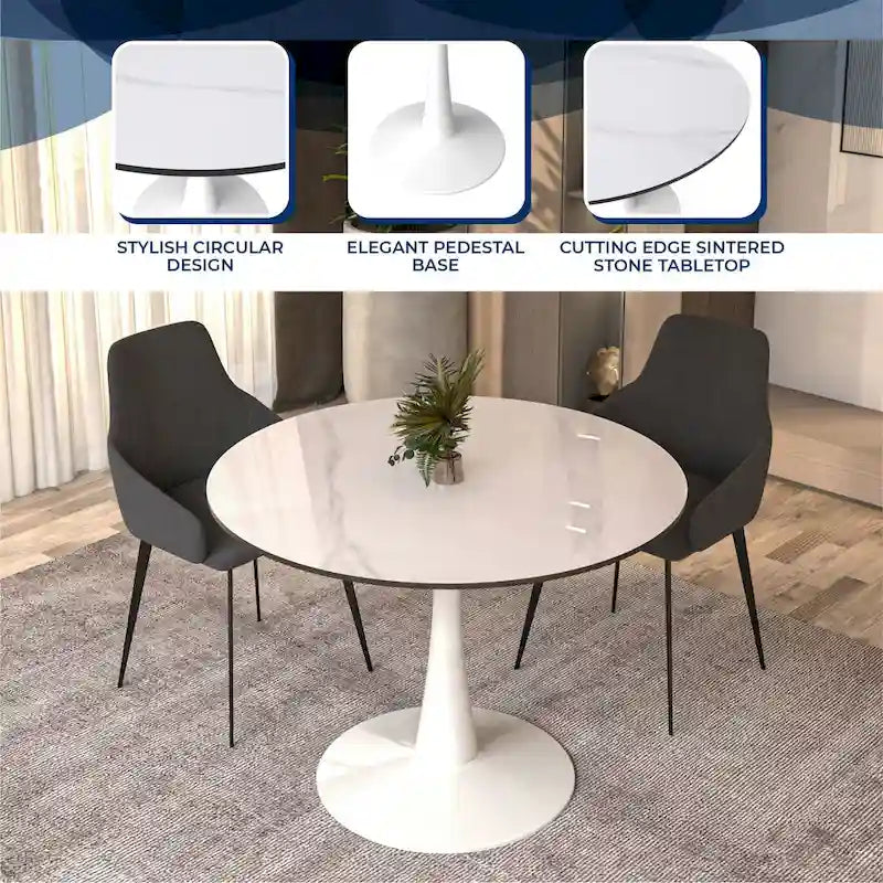 Table à manger ronde de 102 cm, 4 places, piètement blanc, plateau en pierre frittée, convient pour la cuisine et la salle à manger.