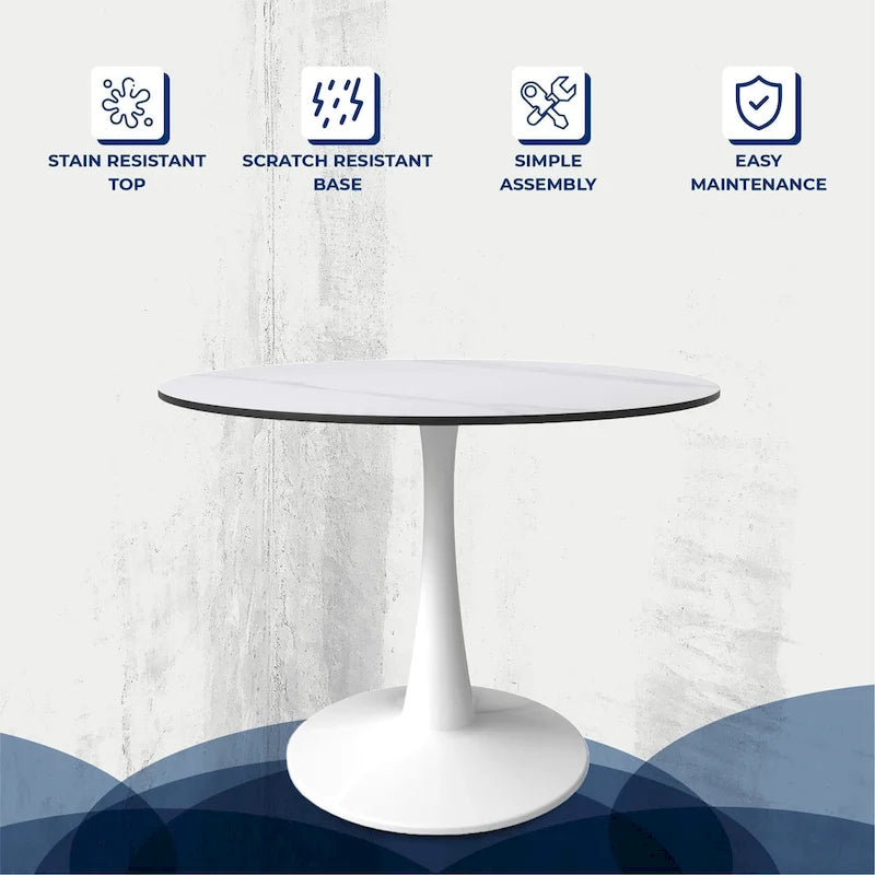 Table à manger ronde de 102 cm, 4 places, piètement blanc, plateau en pierre frittée, convient pour la cuisine et la salle à manger.