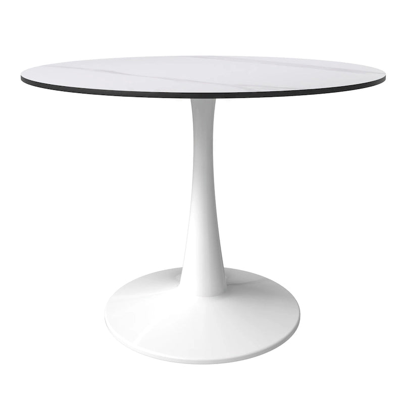 Table à manger ronde de 102 cm, 4 places, piètement blanc, plateau en pierre frittée, convient pour la cuisine et la salle à manger.