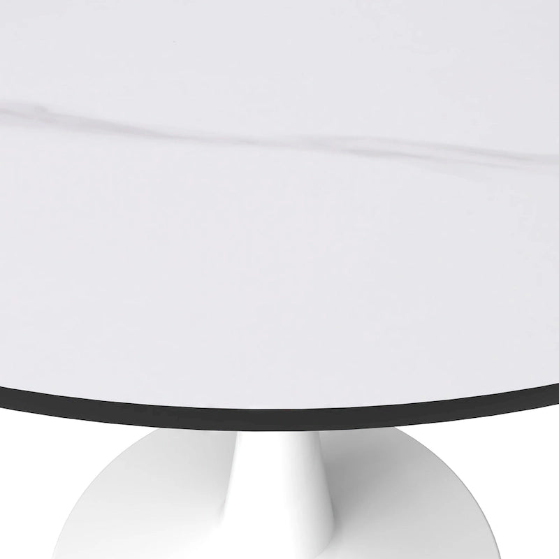 Table à manger ronde de 102 cm, 4 places, piètement blanc, plateau en pierre frittée, convient pour la cuisine et la salle à manger.